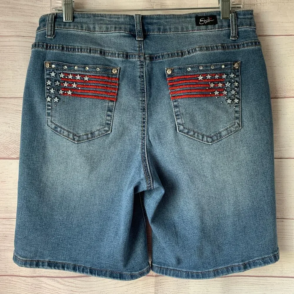 Earl Jeans Bermuda Denim Jean Shorts Patriotic Flag Embellishments Size 12
